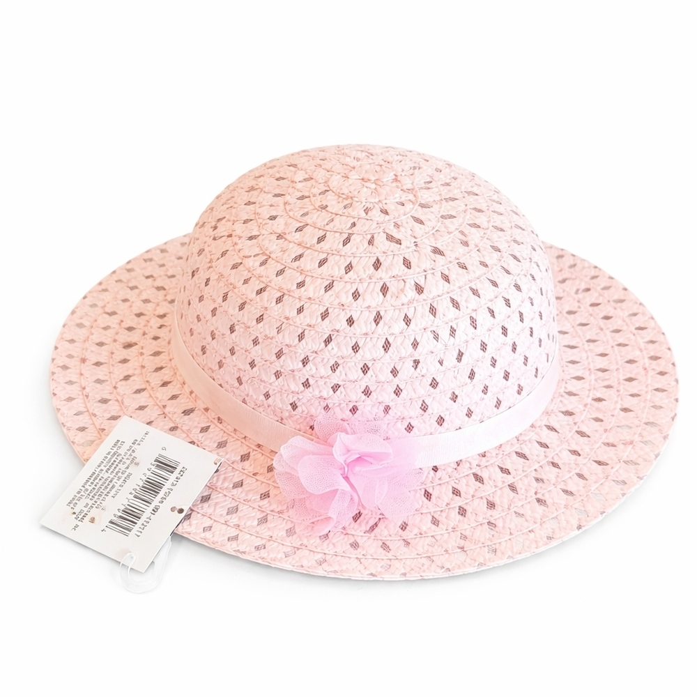 Girls Pink Sun Hat Wide Brim Bow Straw